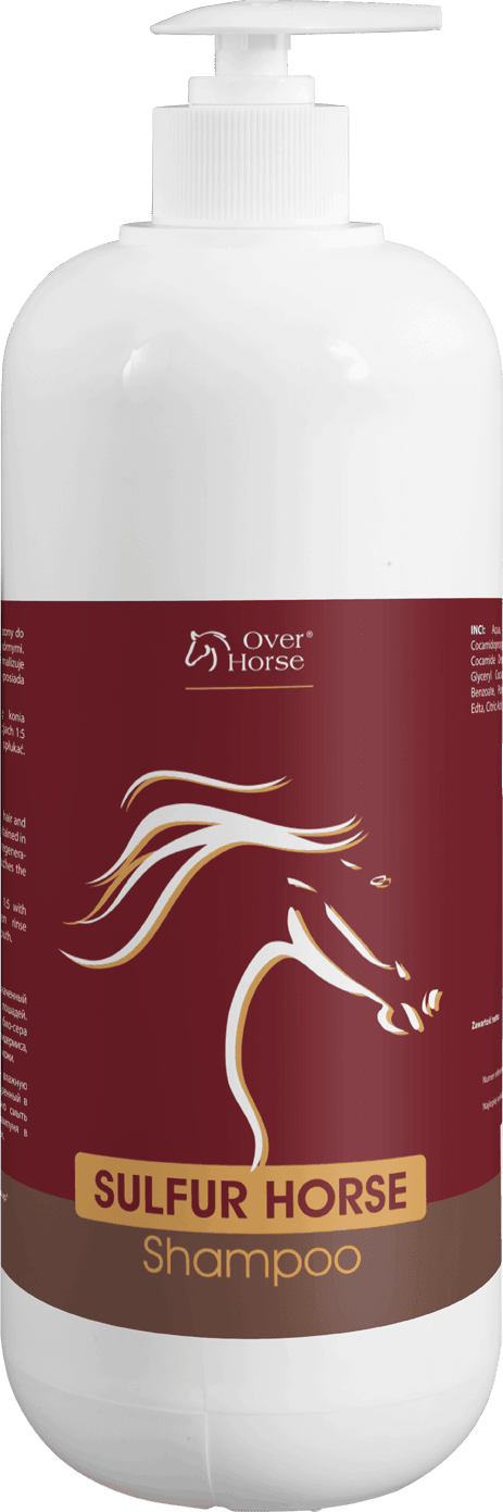 Twój Koń Szampon Sulfur Horse Shampoo Over Horse Specjalistyczny szampon przeznaczony do pielęgnacji koni z problemami skórnymi. Zawarta w produkcie biosiarka normalizuje proces regeneracji naskórka. Produkt posiada neutralne pH dla skóry konia.